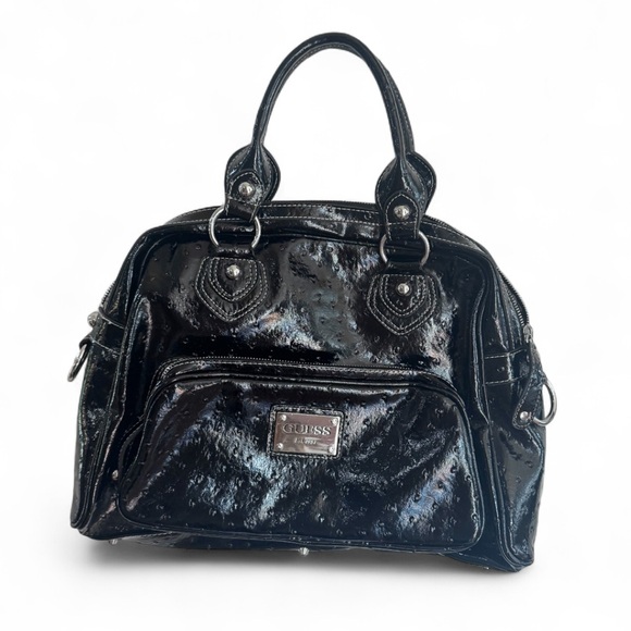 Vintage GUESS Y2K 90’s Black Women's Satchel Bag - Ostrich Pattern - Picture 1 of 11